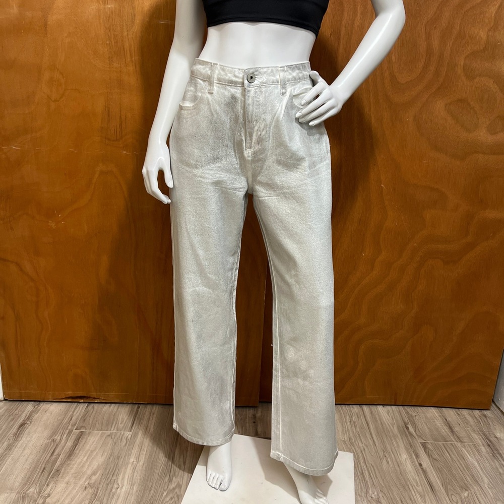 Fourth + Bay Foiled Straight Denim Jeans Women's Size 12 Silver Metallic